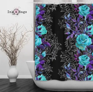 Turquoise and Purple Rose with Hand Drawn Scroll Work Shower Curtains and Optional Bath Mats Lighting,Lamps Fixtures