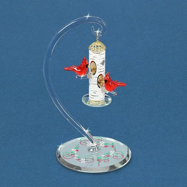 Two Cardinals Perched on Birch Bird Feeder Glass Figurine Decorative Mirror,Home Decor Mirror