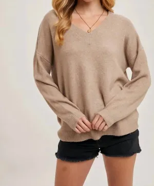 V-Neck Soft Knit Sweater Pullover In Latte