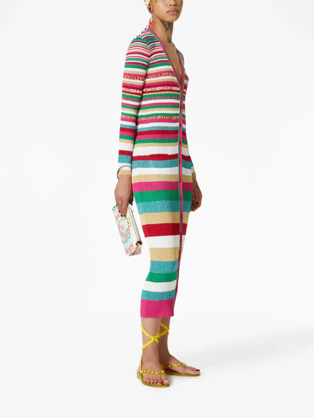 Valentino Stripe-Print Lurex Long Cardigan