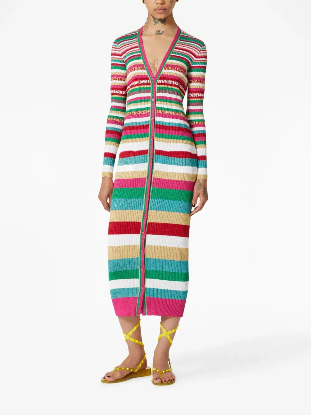 Valentino Stripe-Print Lurex Long Cardigan