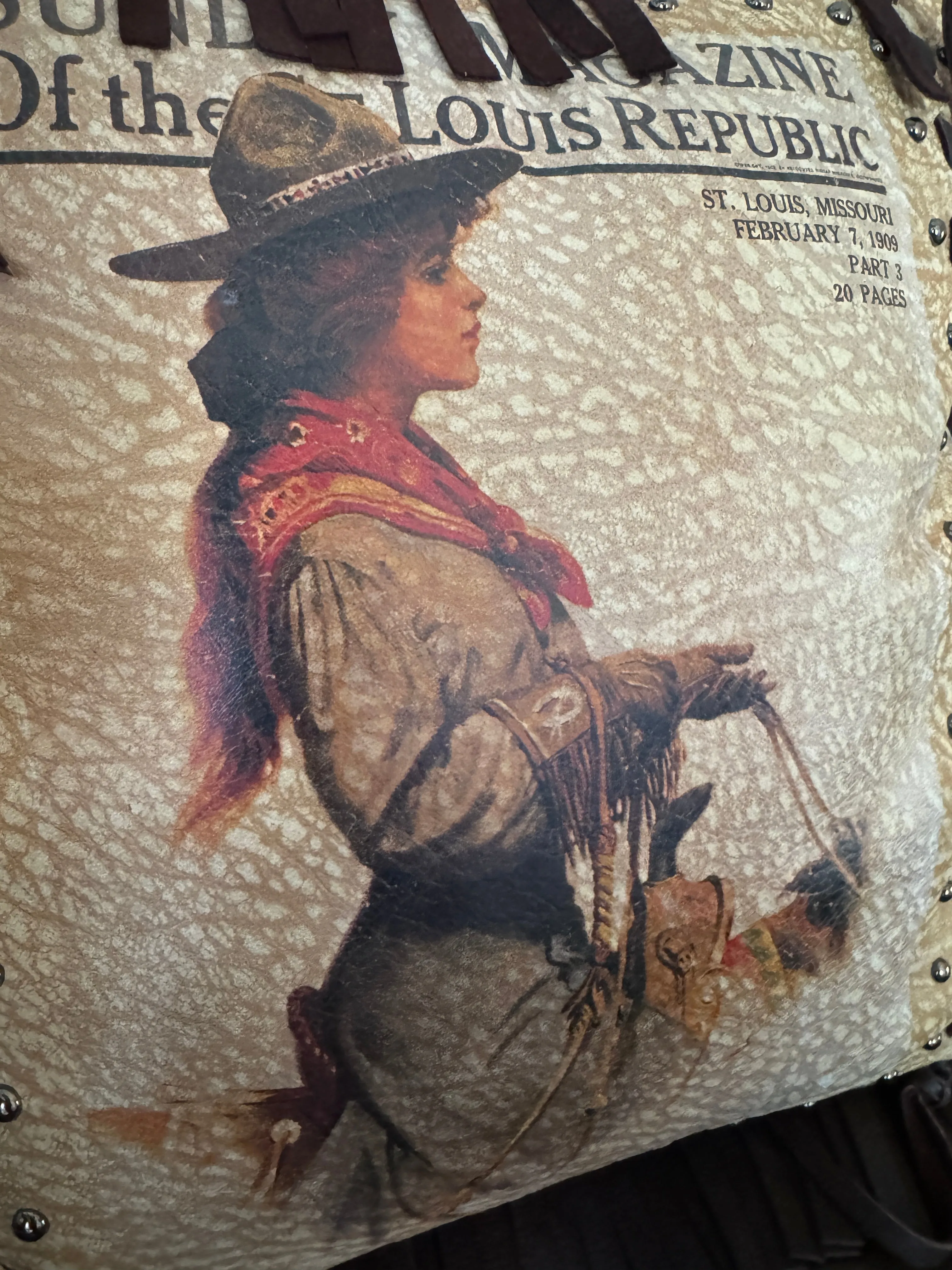 Vintage 1909 Sunday Magazine Leather Pillow