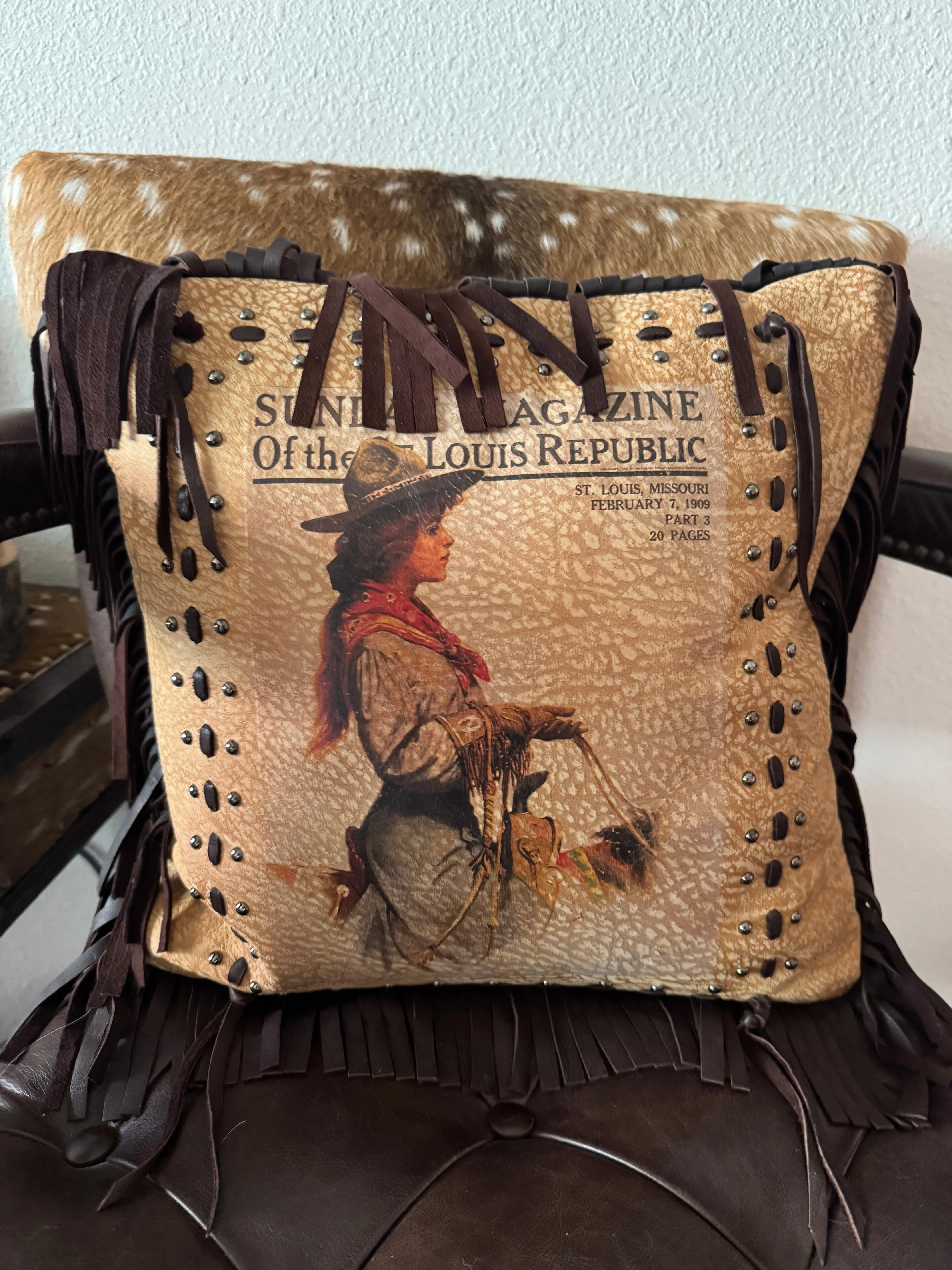 Vintage 1909 Sunday Magazine Leather Pillow