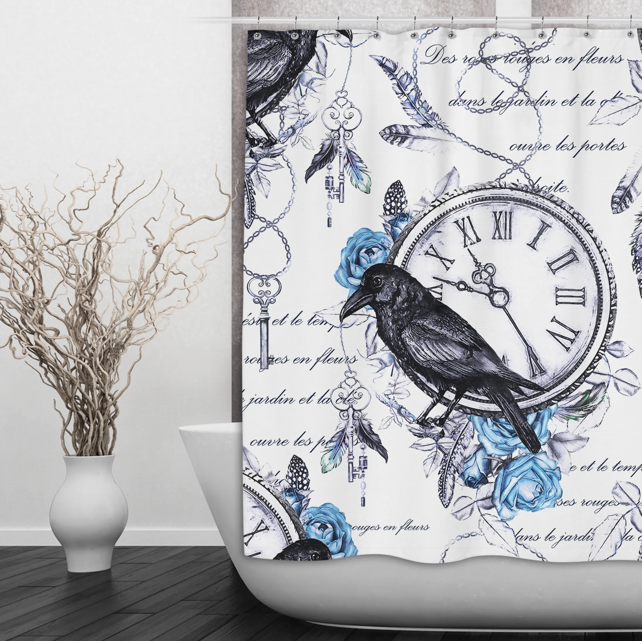 Vintage Blue Rose Raven Clock Boho Feather Shower Curtains and Optional Bath Mats Lighting,Lamps Fixtures