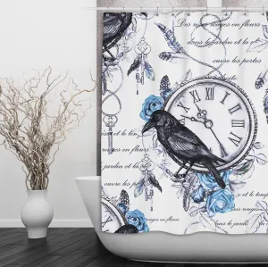 Vintage Blue Rose Raven Clock Boho Feather Shower Curtains and Optional Bath Mats Lighting,Lamps Fixtures