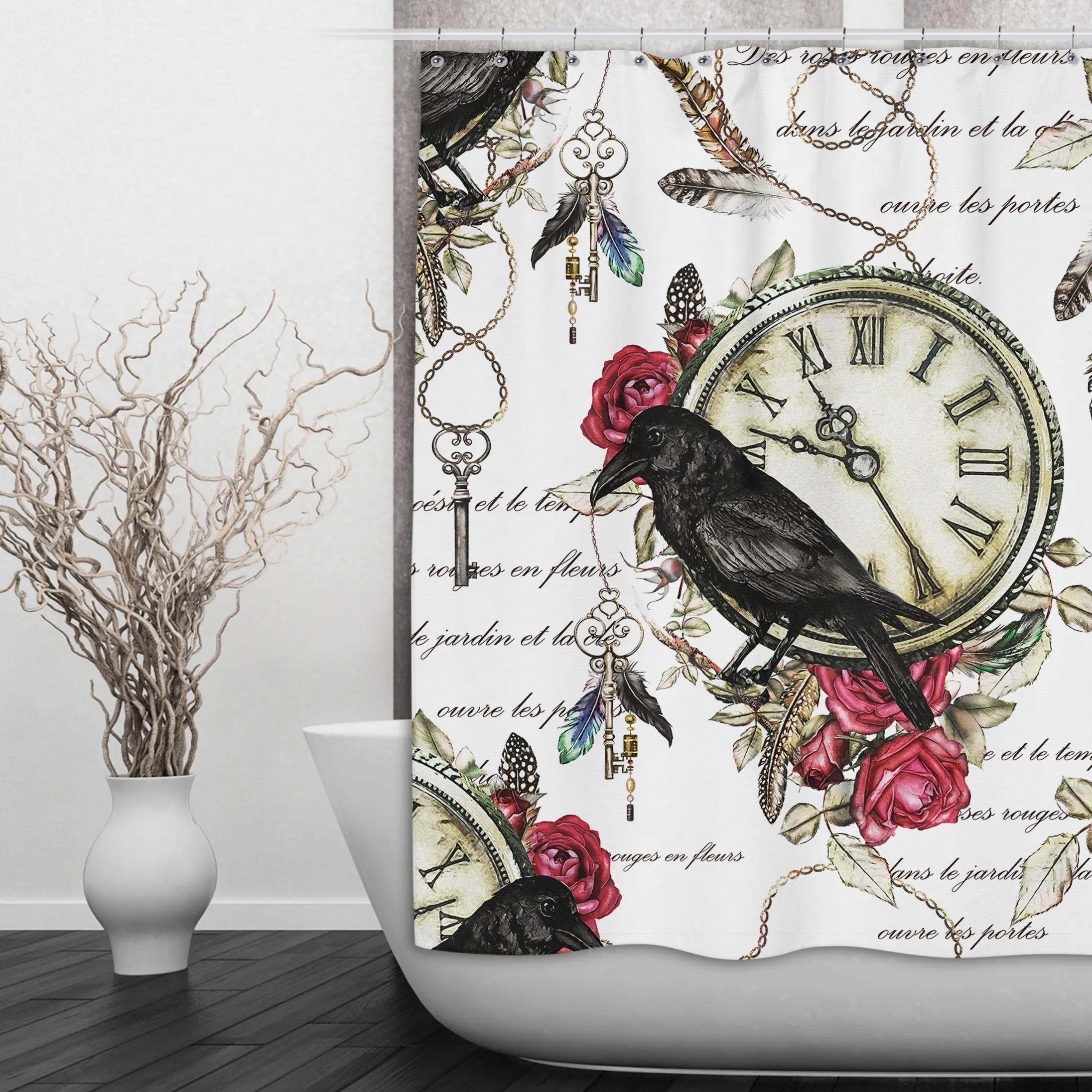 Vintage Red Rose Raven Clock Boho Feather Shower Curtains and Optional Bath Mats Lighting,Lamps Fixtures