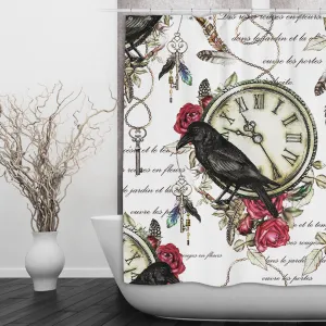 Vintage Red Rose Raven Clock Boho Feather Shower Curtains and Optional Bath Mats Lighting,Lamps Fixtures