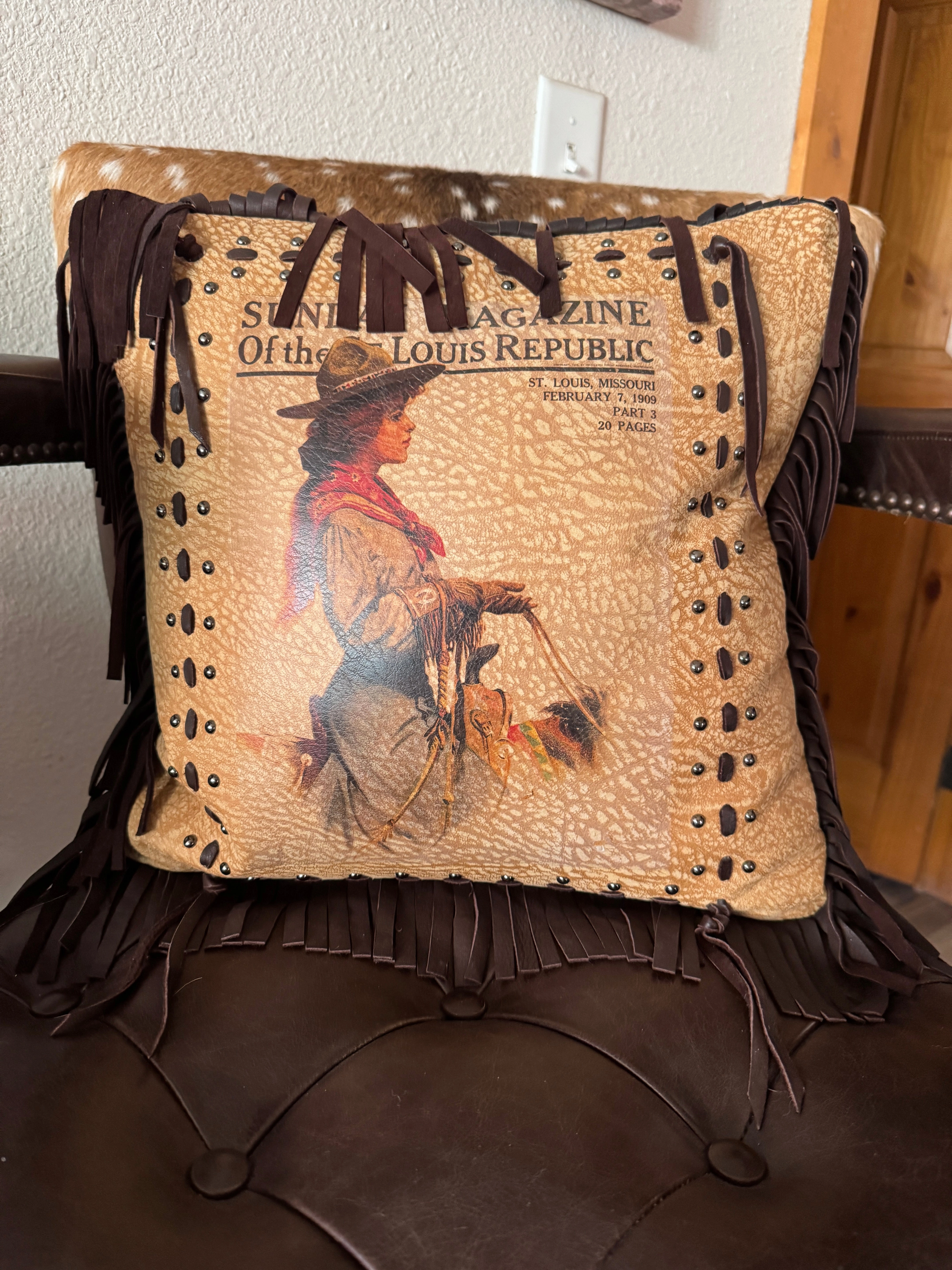 Vintage 1909 Sunday Magazine Leather Pillow