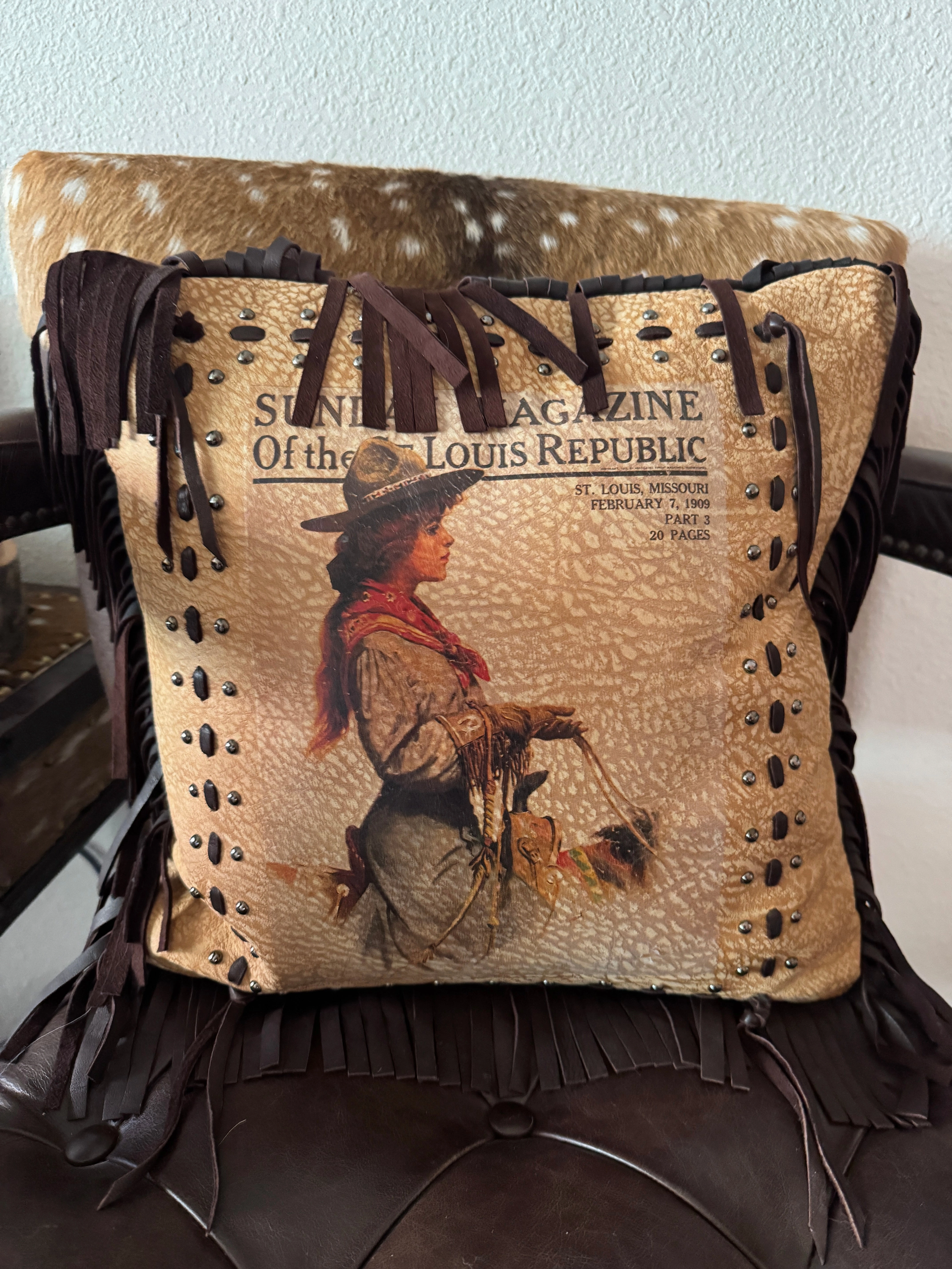 Vintage 1909 Sunday Magazine Leather Pillow