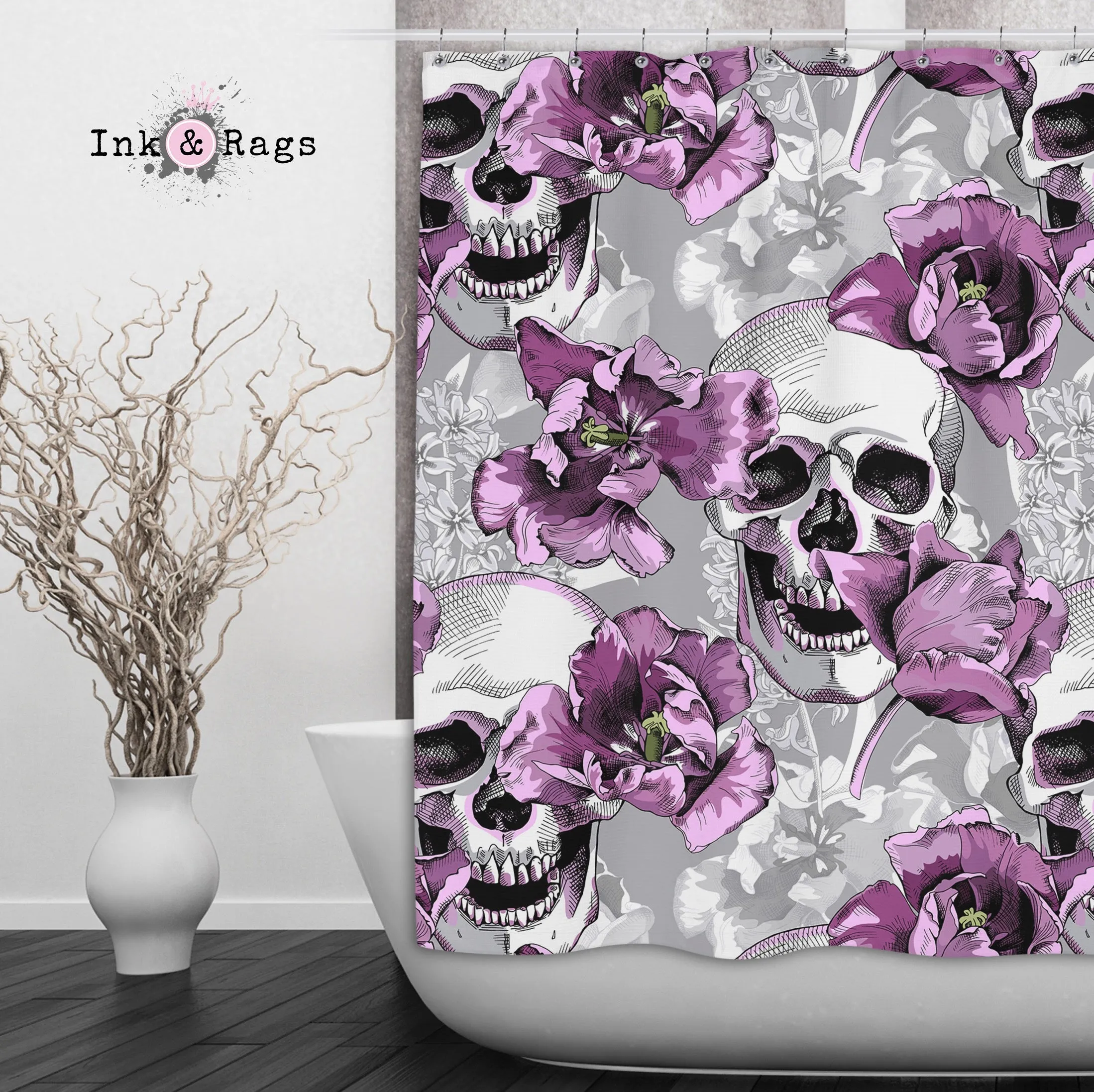 Violet and Grey Tulip and Skull Shower Curtains and Optional Bath Mats Lighting,Lamps Fixtures