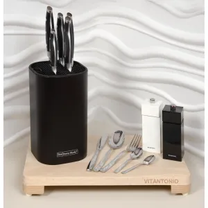 Vitantonio 6 Piece Knife Block with Cutlery, Cutting Board & Salt & Pepper Mill Set 88888ST11 kitchen storage, pantry organizer