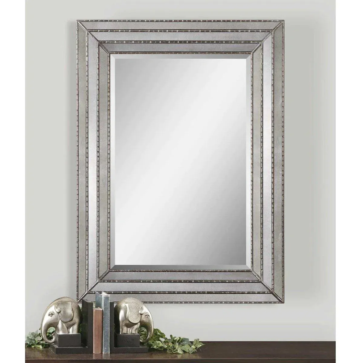 Wall Mirror Framed With Mirrored Inlays and Burnished Silver