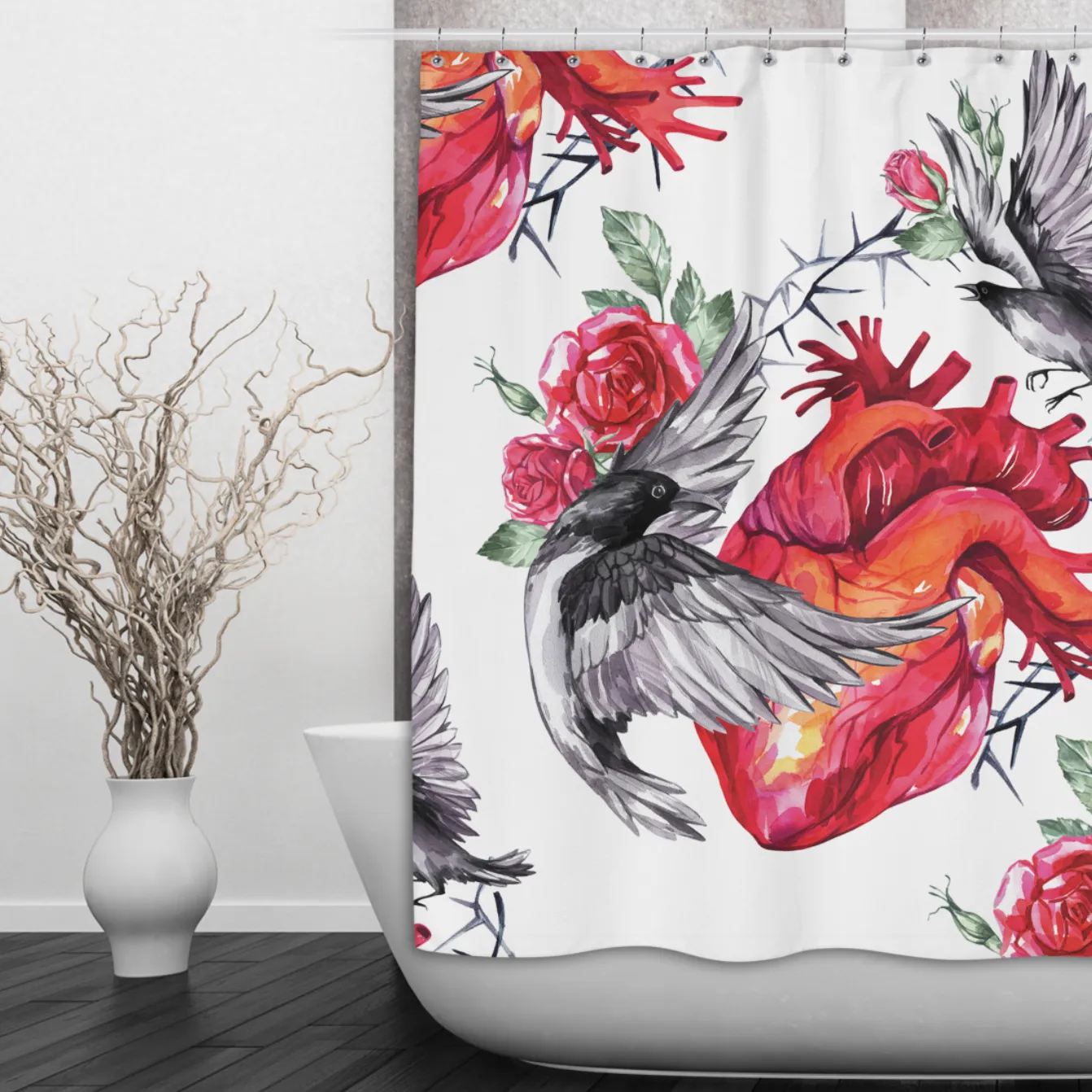 Watercolor Heart Rose and Raven Shower Curtains and Optional Bath Mats Lighting,Lamps Fixtures