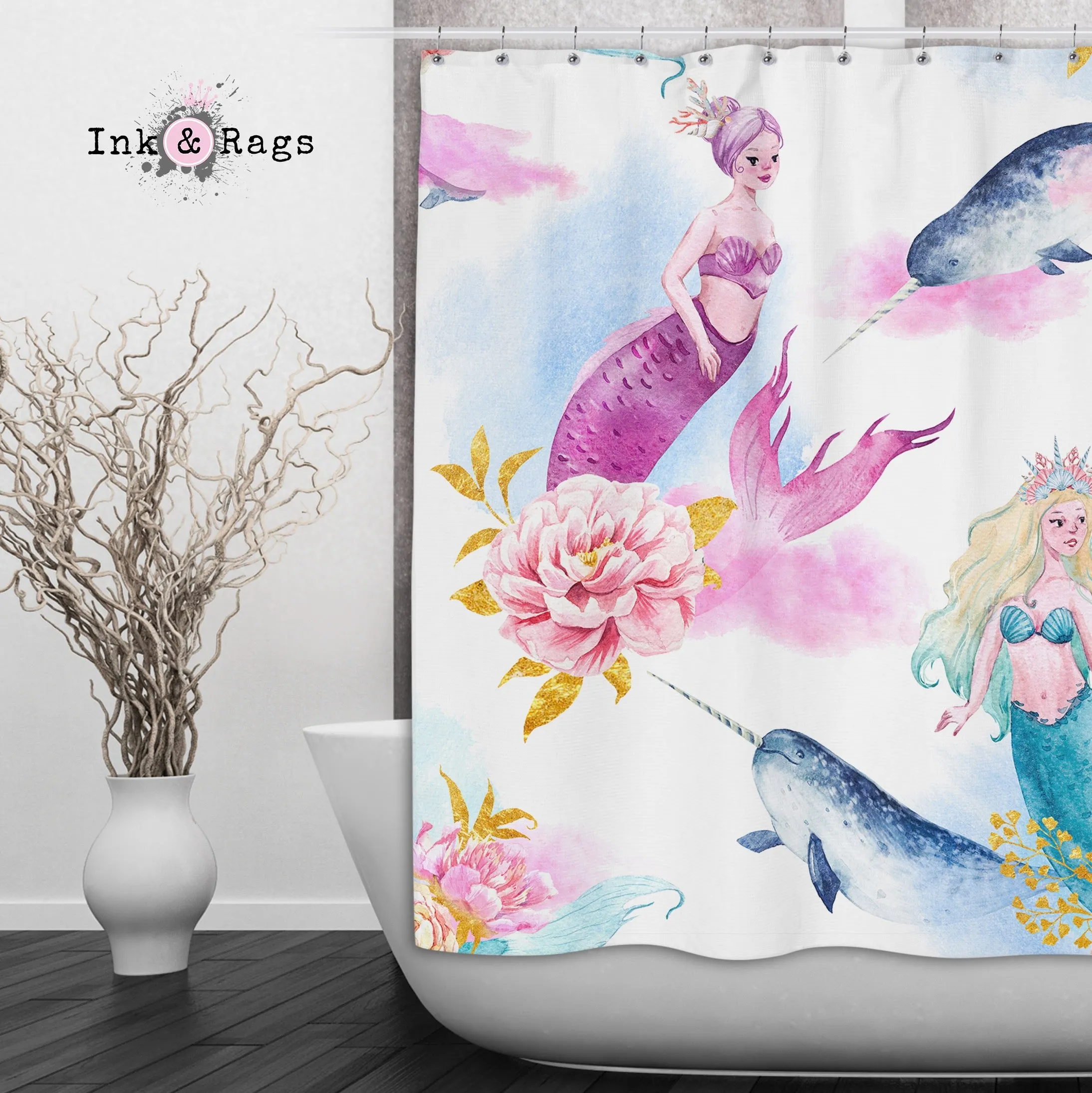 Watercolor Mermaid Narwhal and Peony Shower Curtains and Optional Bath Mats Lighting,Lamps Fixtures