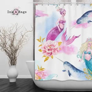 Watercolor Mermaid Narwhal and Peony Shower Curtains and Optional Bath Mats Lighting,Lamps Fixtures