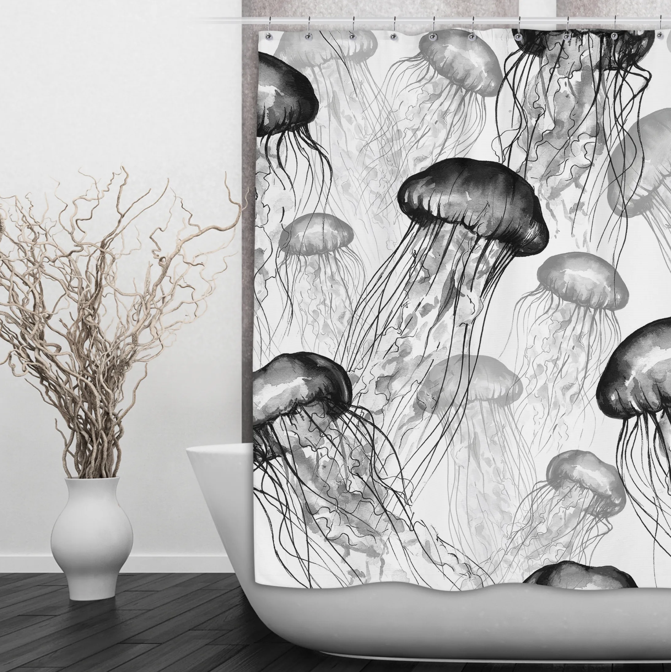 White and Black Jellyfish Shower Curtains and Optional Bath Mats Lighting,Lamps Fixtures