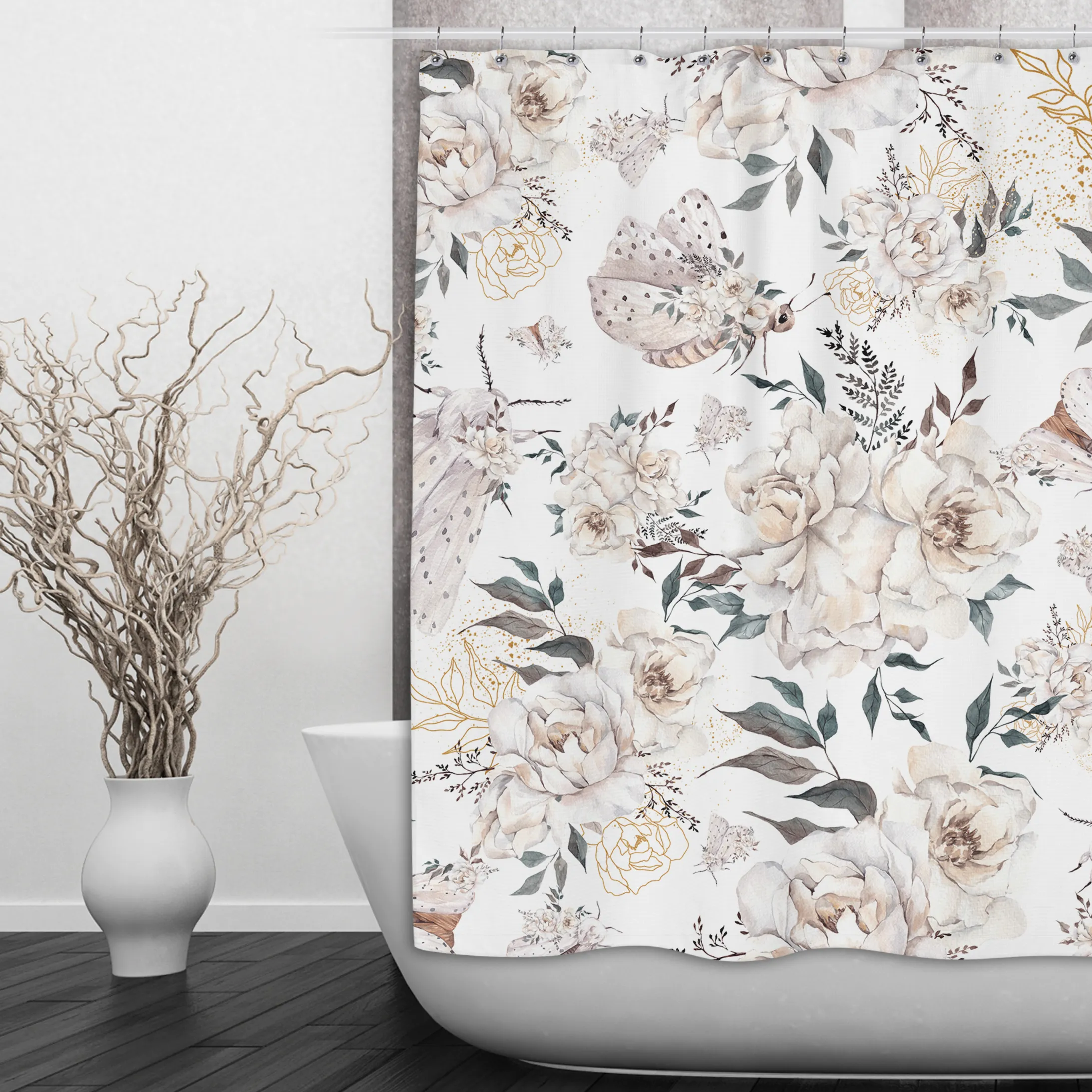 White Night Moth and Flower Shower Curtains and Optional Bath Mats Lighting,Lamps Fixtures