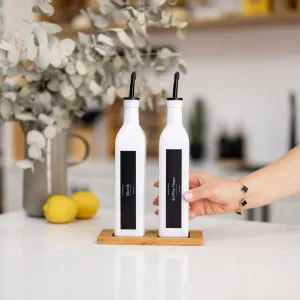 White Oil & Vinegar bottles with Bamboo tray - 500ml Figurines,Decorative Ornaments