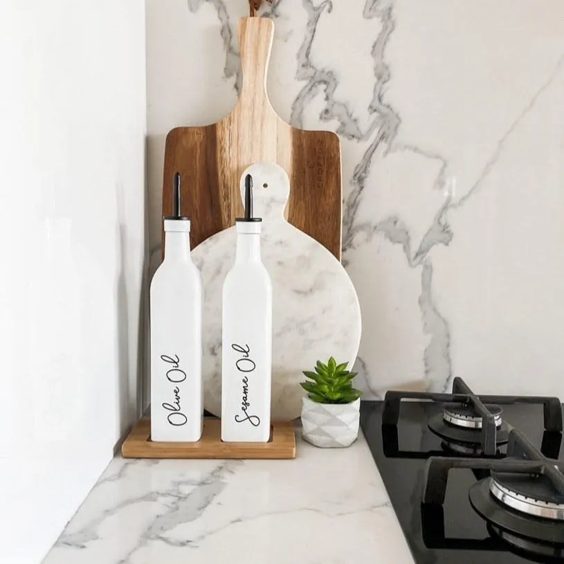 White Oil & Vinegar bottles with Bamboo tray - 500ml