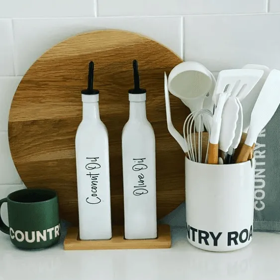 White Oil & Vinegar bottles with Bamboo tray - 500ml