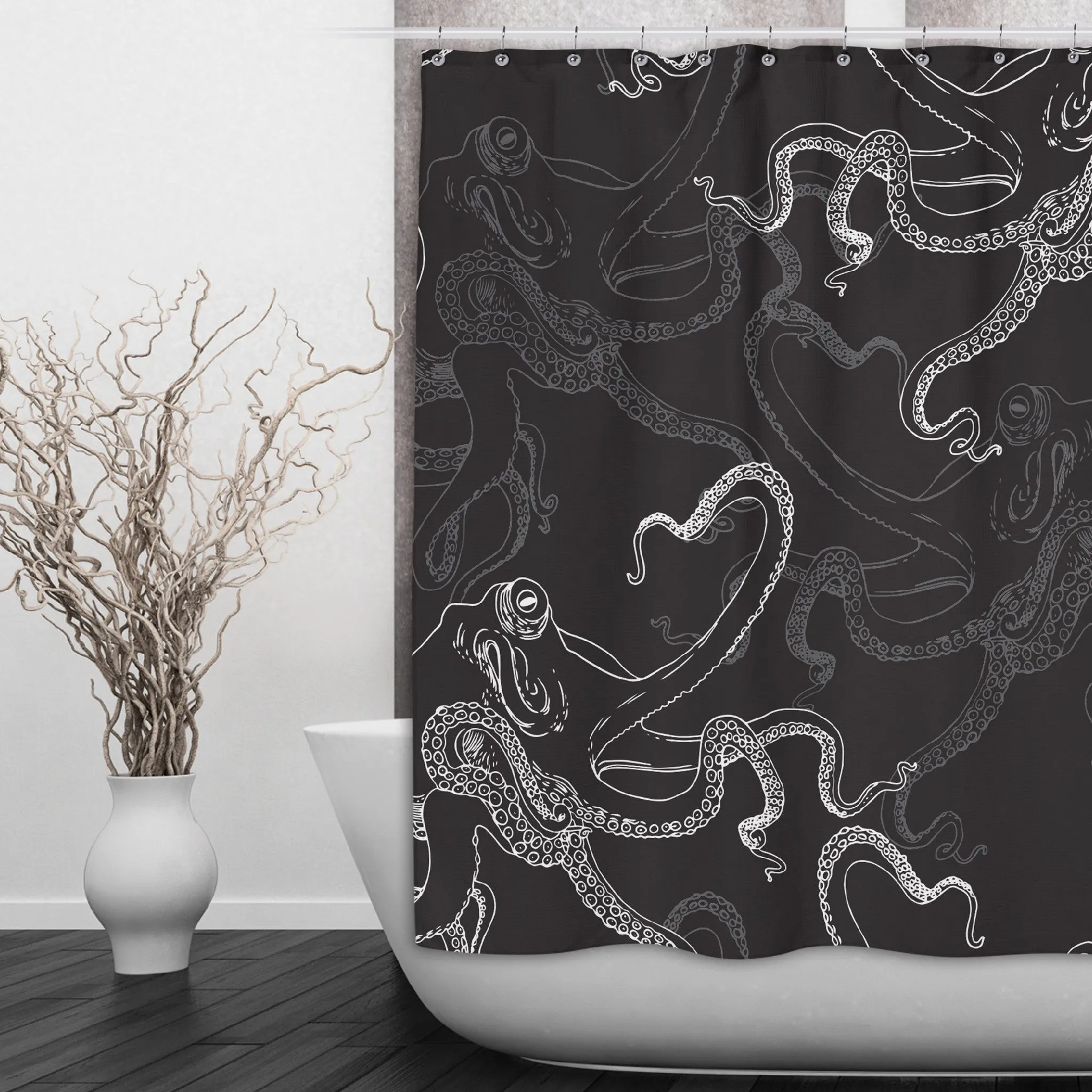 White on Black Octopus Shower Curtains and Optional Bath Mats Lighting,Lamps Fixtures