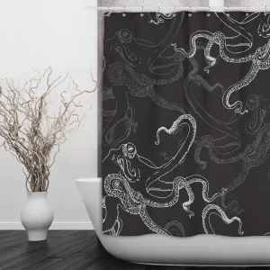 White on Black Octopus Shower Curtains and Optional Bath Mats Lighting,Lamps Fixtures