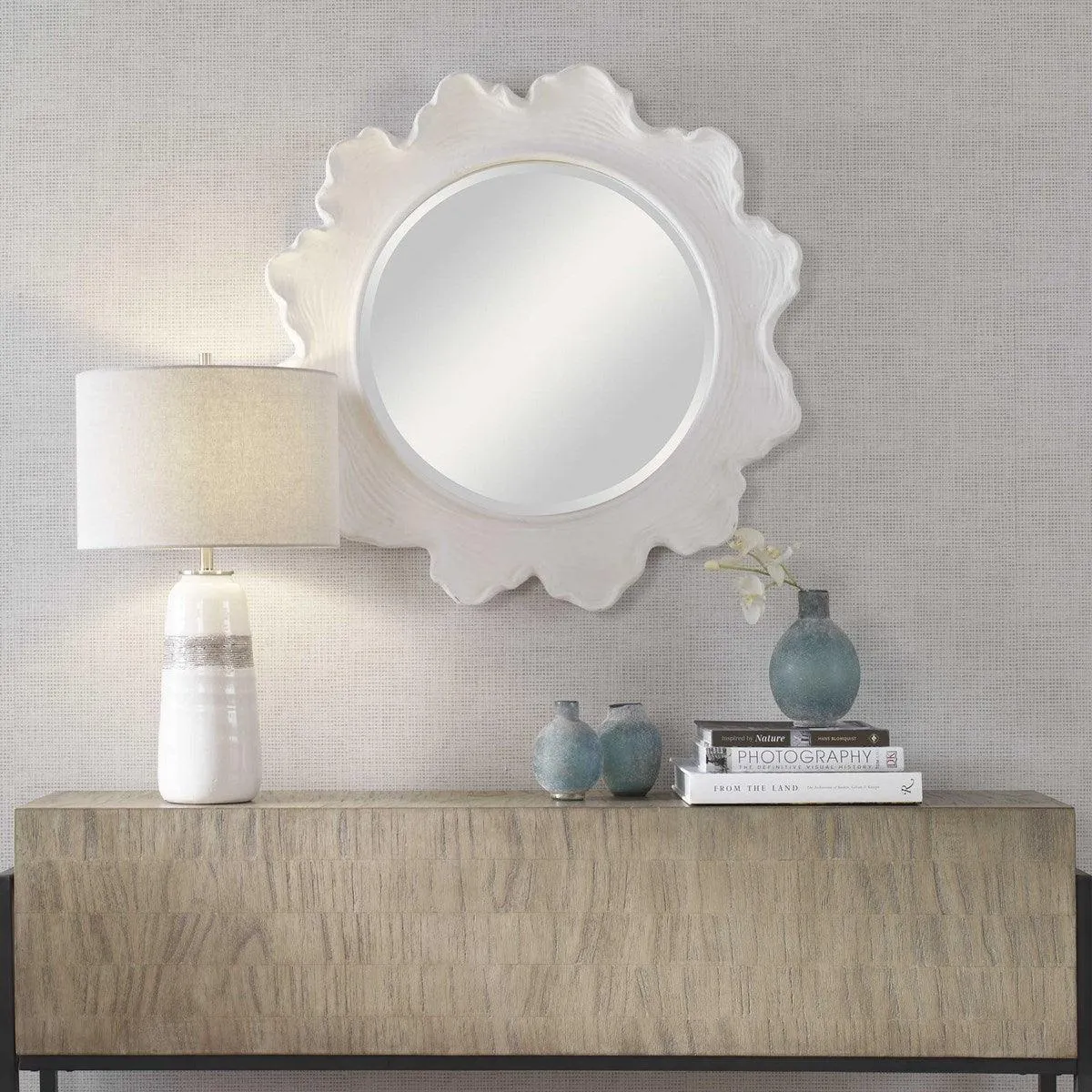 White Sea Coral Design Round Wall Mirror