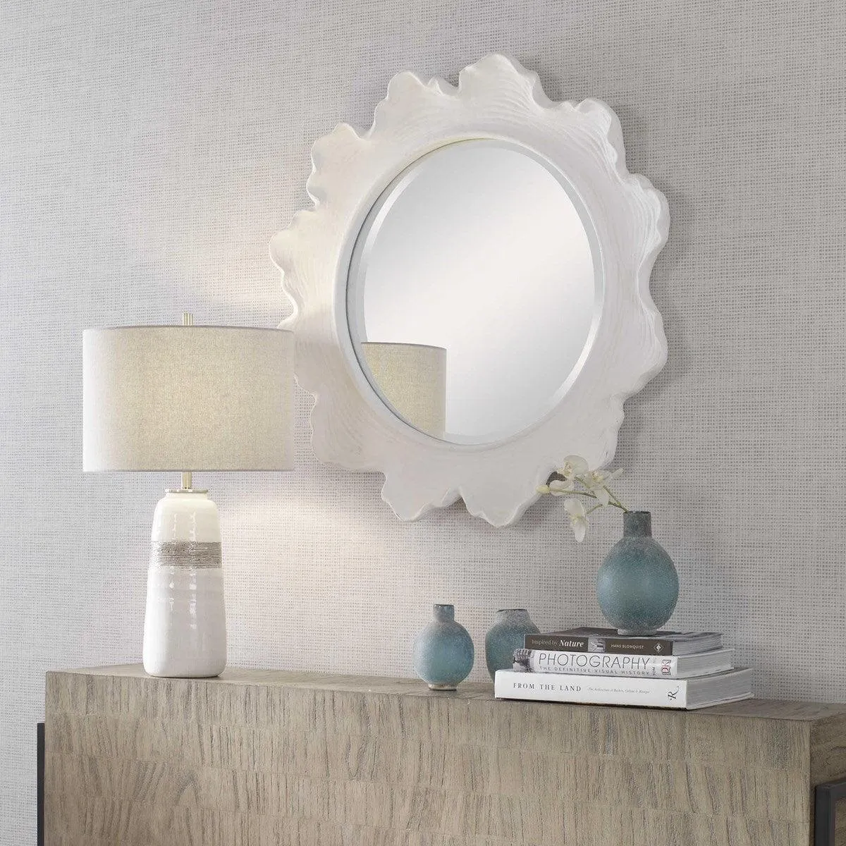 White Sea Coral Design Round Wall Mirror