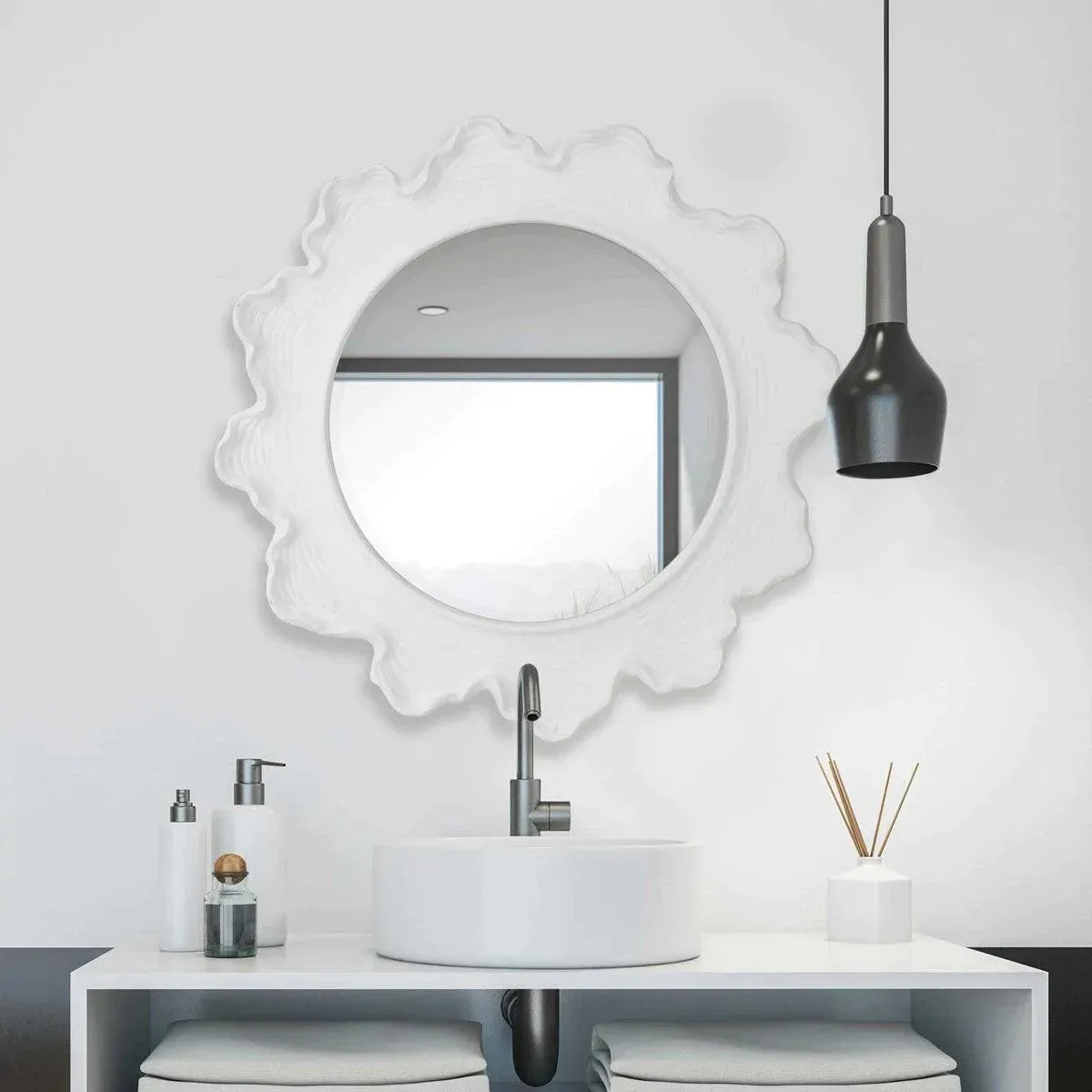 White Sea Coral Design Round Wall Mirror
