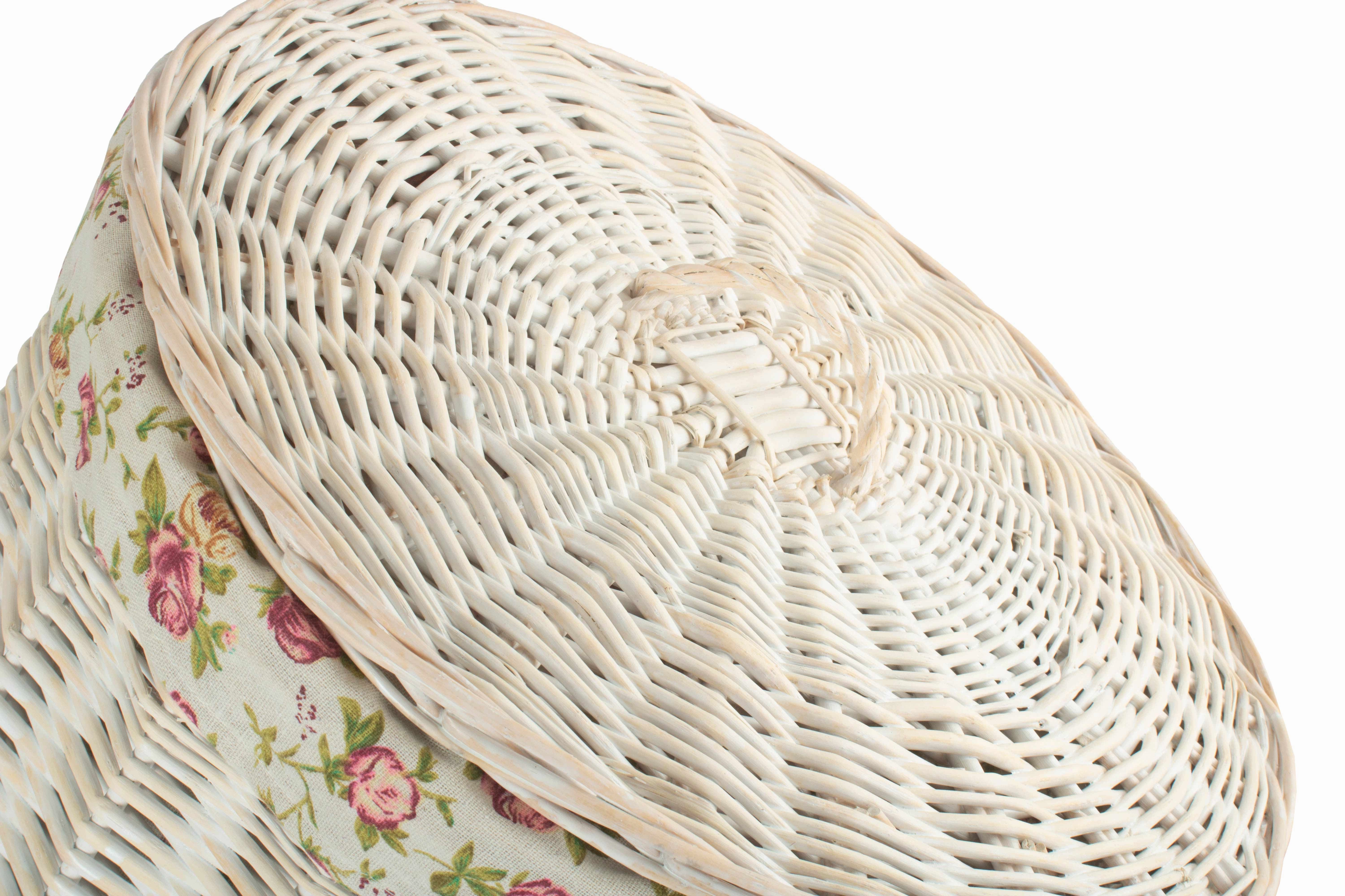 White Wash Willow Round Laundry Hamper With Garden Rose Lining - Large