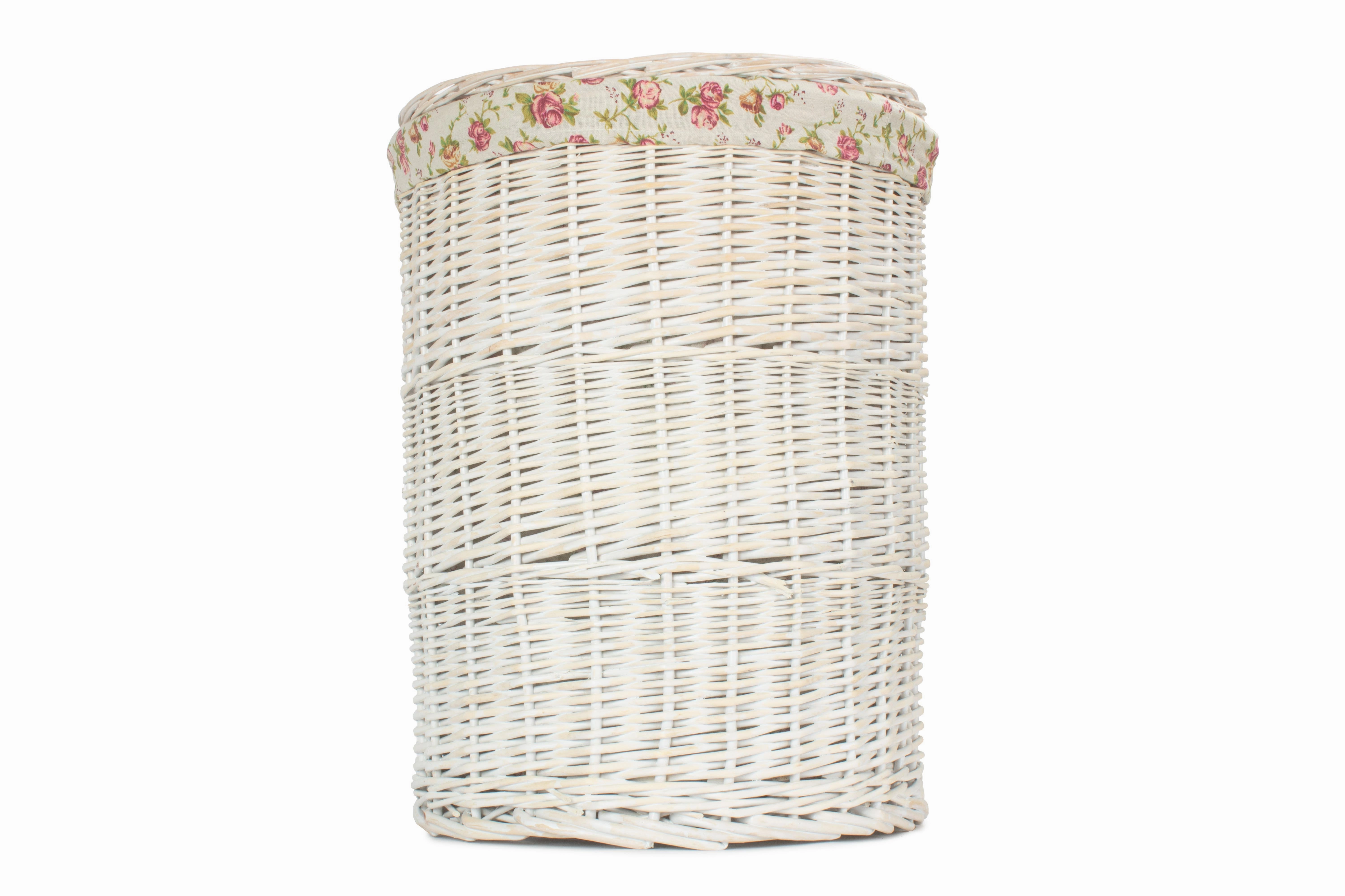 White Wash Willow Round Laundry Hamper With Garden Rose Lining - Large