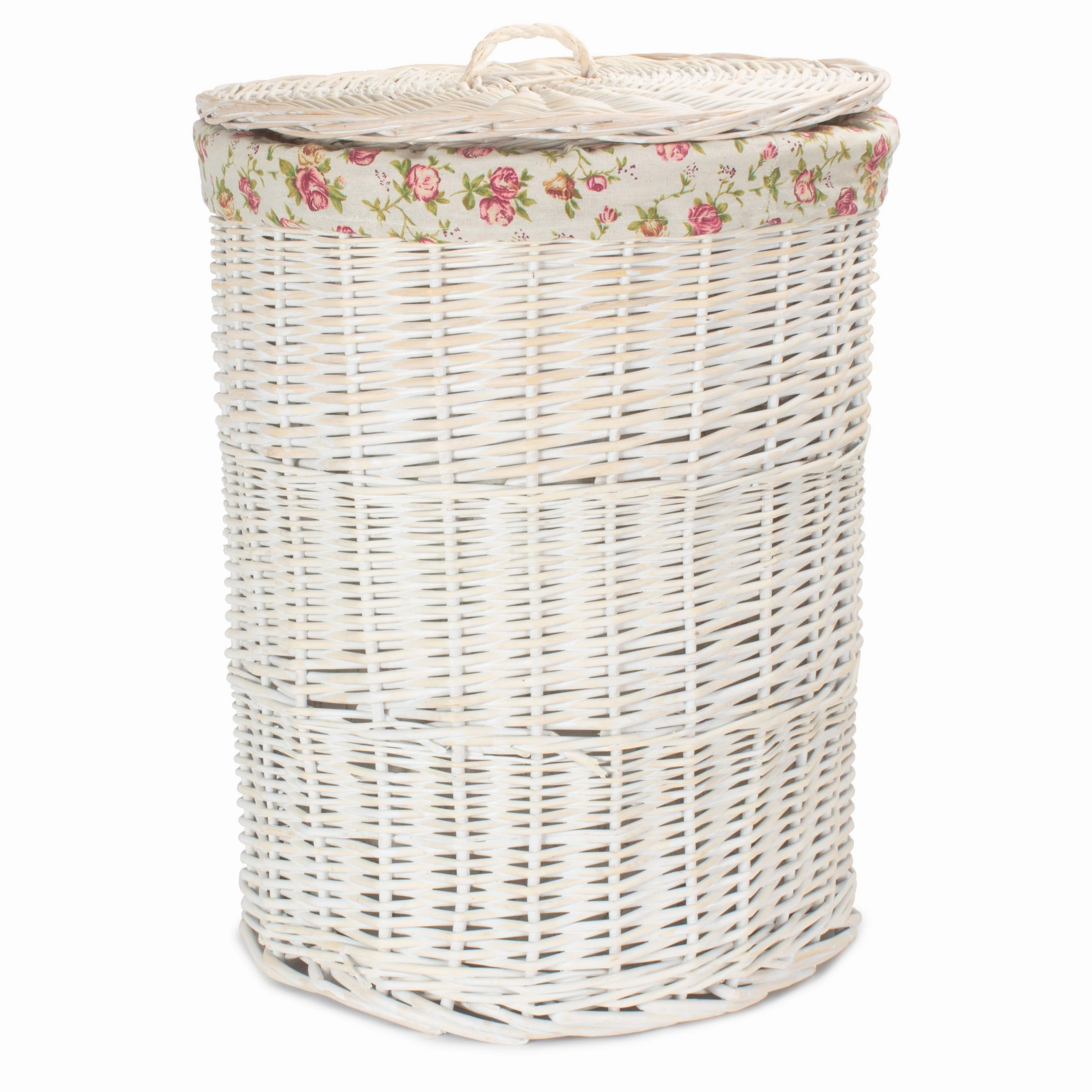 White Wash Willow Round Laundry Hamper With Garden Rose Lining - Large laundry organizer,dirty clothes basket,plastic laundry basket
