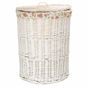 White Wash Willow Round Laundry Hamper With Garden Rose Lining - Large laundry organizer,dirty clothes basket,plastic laundry basket