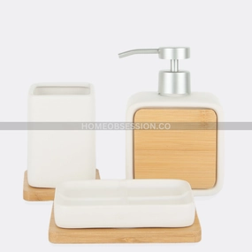 Wooden & Ceramic White Bath Set Shower Curtain,Waterproof Curtain